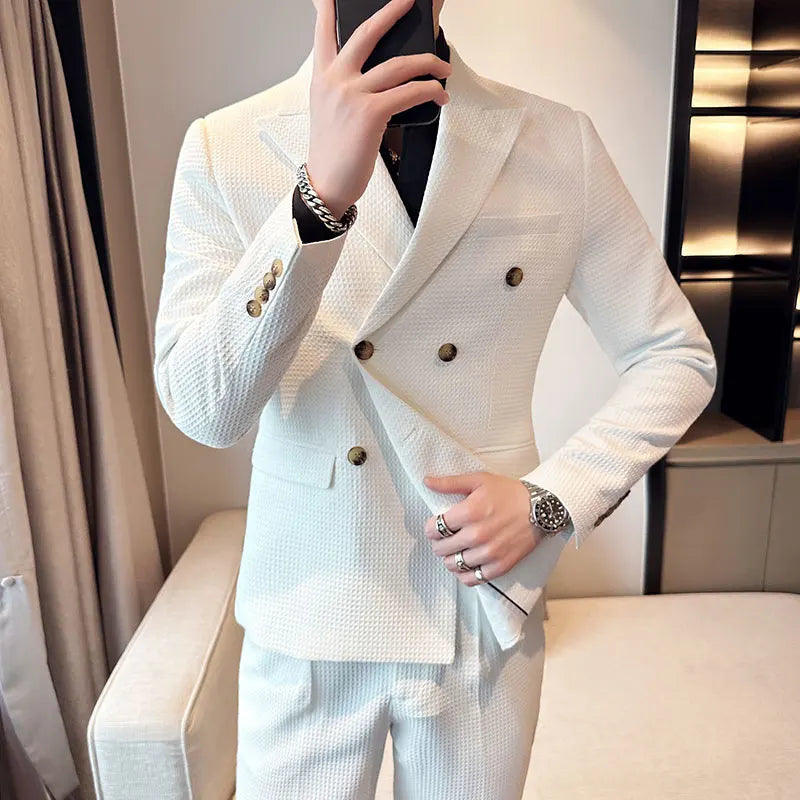 ( Jacket + Pant )Double-breasted Waffle Business Suit Men Wedding Prom Party Blazers and Trouser Homme Slim Fit Tuxedo Dress Set