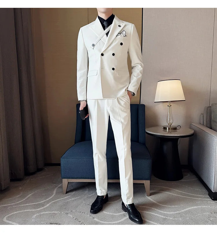 (Jackets+Pant) Latest Design Double Breasted Men Suit Dark green Groom Wedding Stage Tuxedo Man Slim Fit Business Social Suits