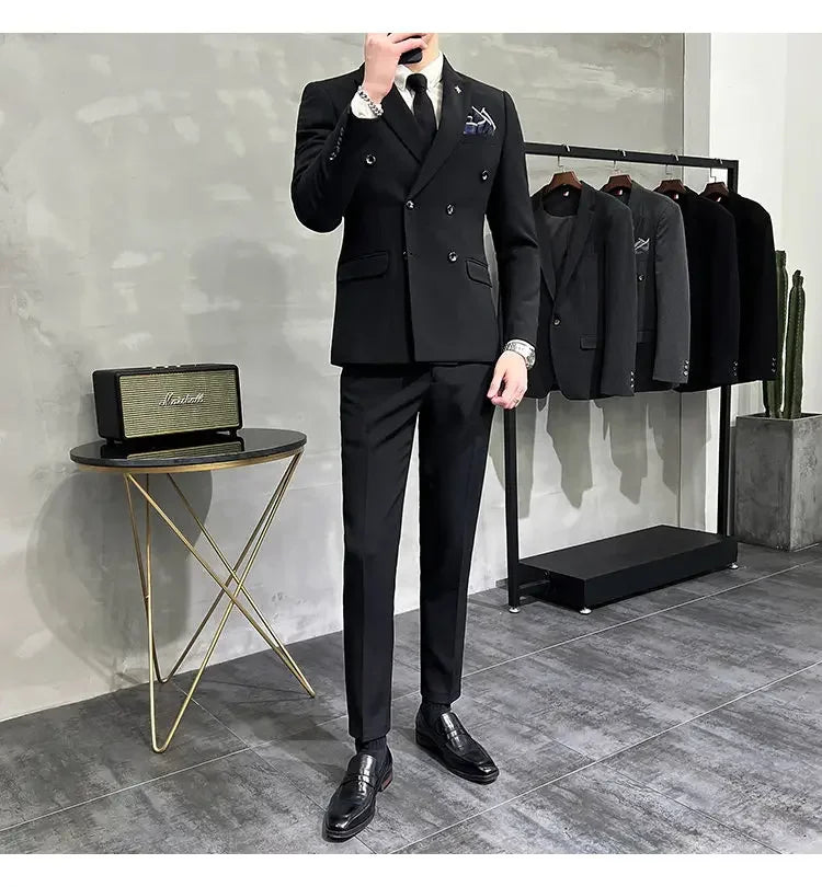 ( Jacket + Pants ) Brand Solid Color Formal Casual Business Office Double Buttons Suit Two-pcs Set Groom Wedding Dress Party