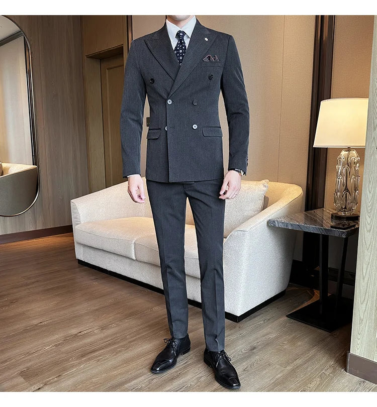 (Jacket + Trousers) Fashion Double Breasted Design Slim Men's Suit Italian Style Luxury Wedding Social Party Tuxedo 2 Piece Sets