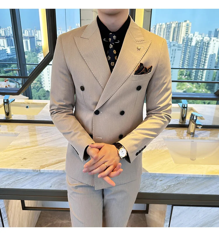 (Jacket + Trousers) Fashion Double Breasted Design Slim Men's Suit Italian Style Luxury Wedding Social Party Tuxedo 2 Piece Sets