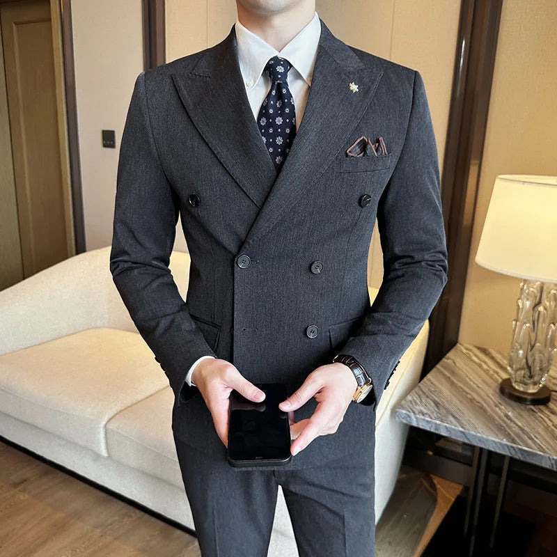 (Jacket + Trousers) Fashion Double Breasted Design Slim Men's Suit Italian Style Luxury Wedding Social Party Tuxedo 2 Piece Sets