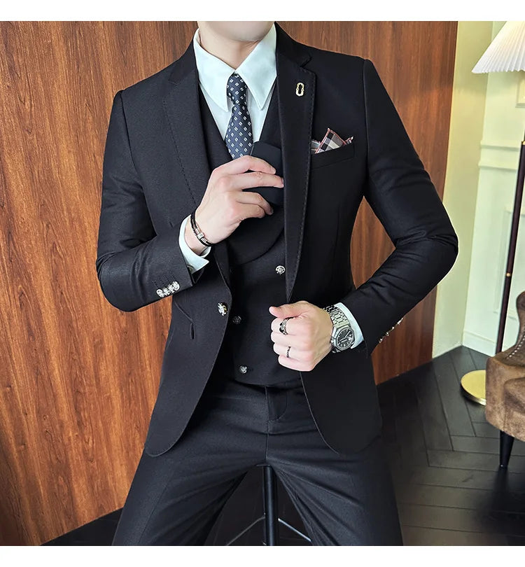 (Jackets+Pants+Vest) High Quality Men Slim Fit Party Tuxedos 3 Pieces Fashion Double Breasted Vest Design Business Wedding Suit