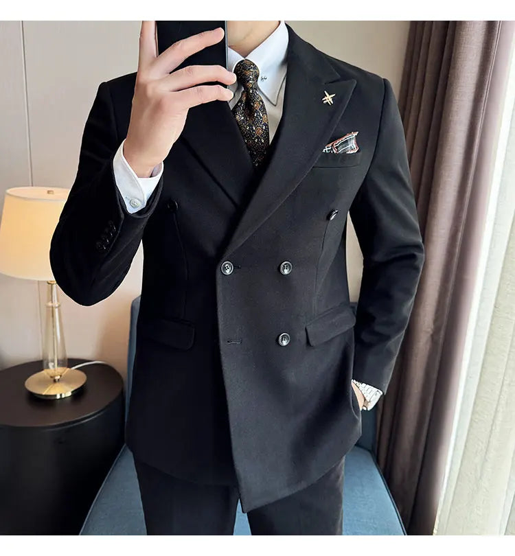 (Jacket+Vest+Pant) Autumn Winter Thickened Woolen Suit  New High Quality Slim Business Tuxedo Fashion Wedding Social Suits