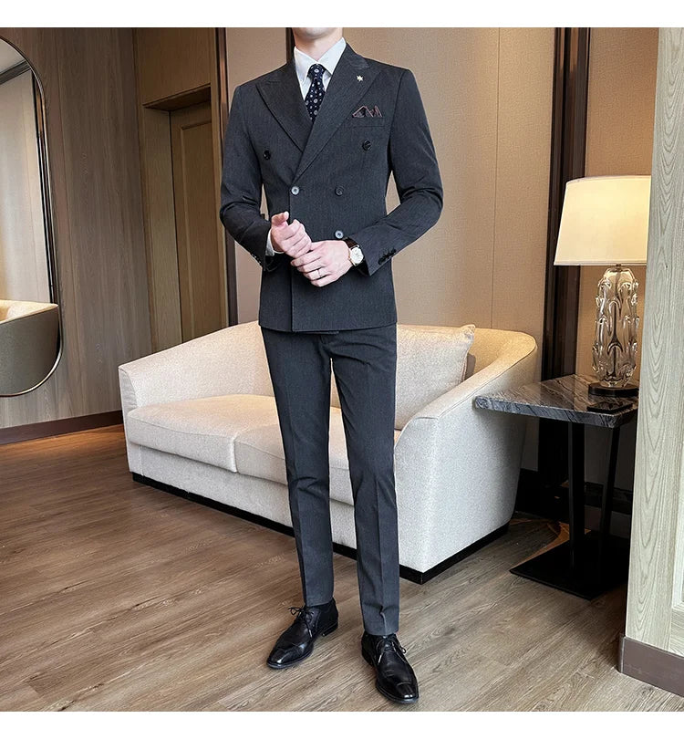 (Jacket + Trousers) Fashion Double Breasted Design Slim Men's Suit Italian Style Luxury Wedding Social Party Tuxedo 2 Piece Sets