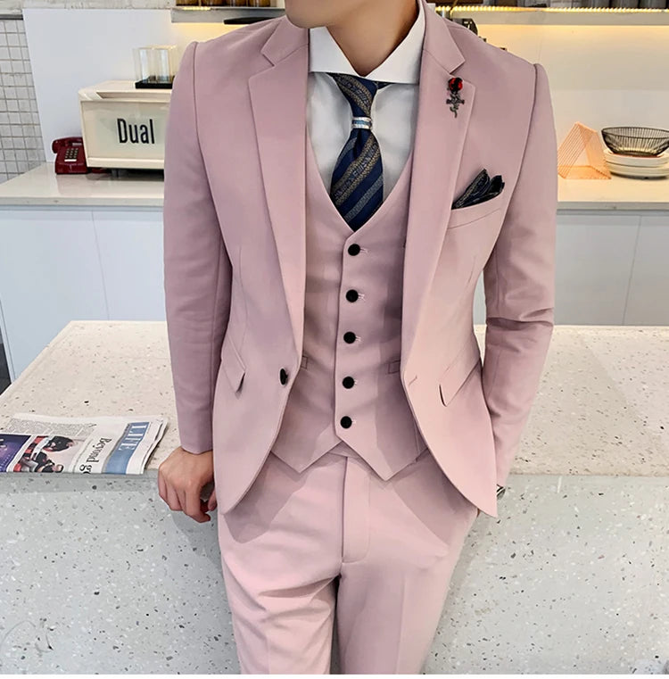 (Jacket +Vest+Pants) 2024 New Mens Wedding Suits Groom Solid Color Formal Office Business Slim Fit Suit Tuxedos 3-Pieces Set