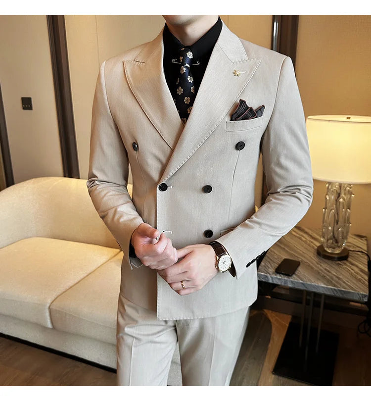 (Jacket + Trousers) Fashion Double Breasted Design Slim Men's Suit Italian Style Luxury Wedding Social Party Tuxedo 2 Piece Sets