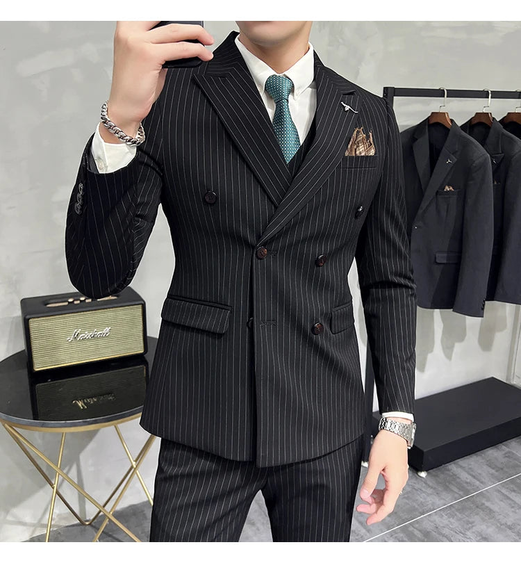 in black Fashion New Men's Boutique Business Slim Wedding Striped Double Breasted Suit Blazers Jacket Pants Trousers Vest 3 Pcs Set