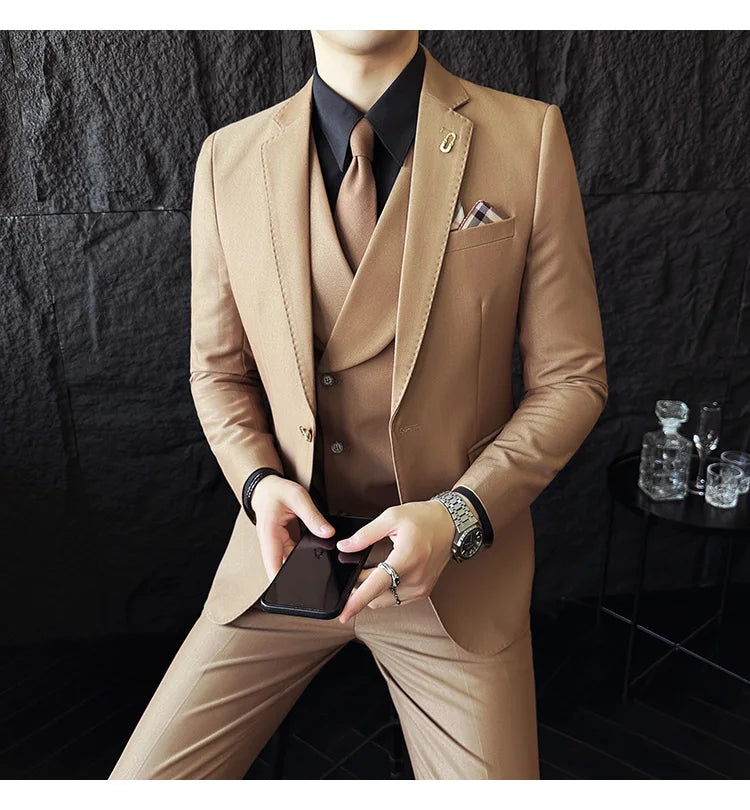 (Jackets+Pants+Vest) High Quality Men Slim Fit Party Tuxedos 3 Pieces Fashion Double Breasted Vest Design Business Wedding Suit