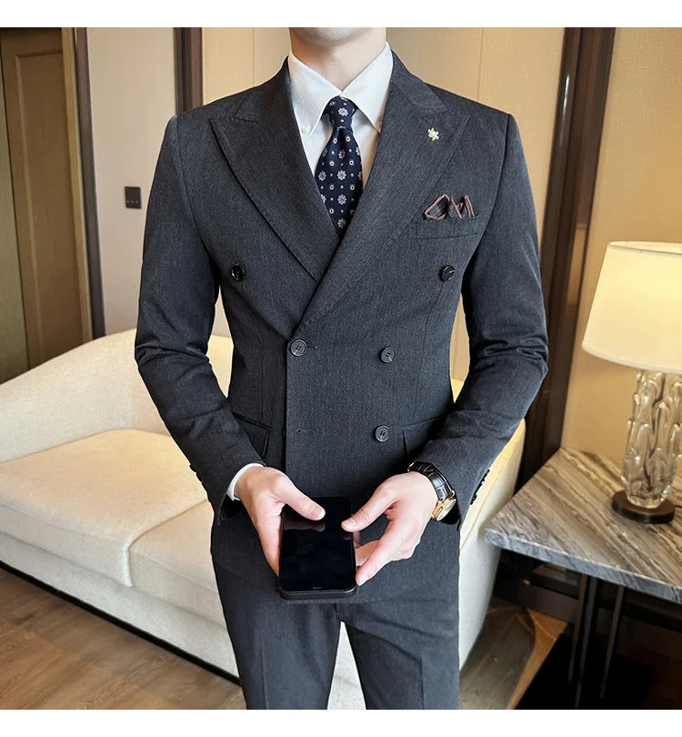 (Jacket + Trousers) Fashion Double Breasted Design Slim Men's Suit Italian Style Luxury Wedding Social Party Tuxedo 2 Piece Sets