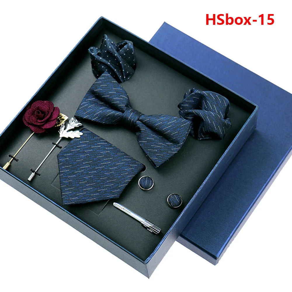 Set Bussiness Blue Ties For Mans Floral Brooches Pin Cufflinks Tie Clips Butterfly Bowtie Wedding Accessori Gift Box Set