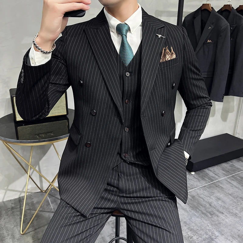 in black Fashion New Men's Boutique Business Slim Wedding Striped Double Breasted Suit Blazers Jacket Pants Trousers Vest 3 Pcs Set