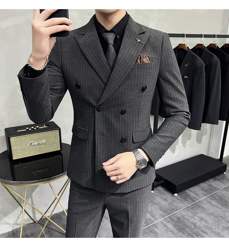 in black Fashion New Men's Boutique Business Slim Wedding Striped Double Breasted Suit Blazers Jacket Pants Trousers Vest 3 Pcs Set