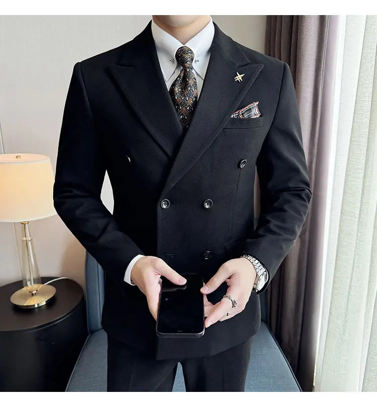 (Jacket+Vest+Pant) Autumn Winter Thickened Woolen Suit  New High Quality Slim Business Tuxedo Fashion Wedding Social Suits