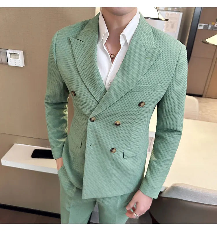 ( Jacket + Pant )Double-breasted Waffle Business Suit Men Wedding Prom Party Blazers and Trouser Homme Slim Fit Tuxedo Dress Set