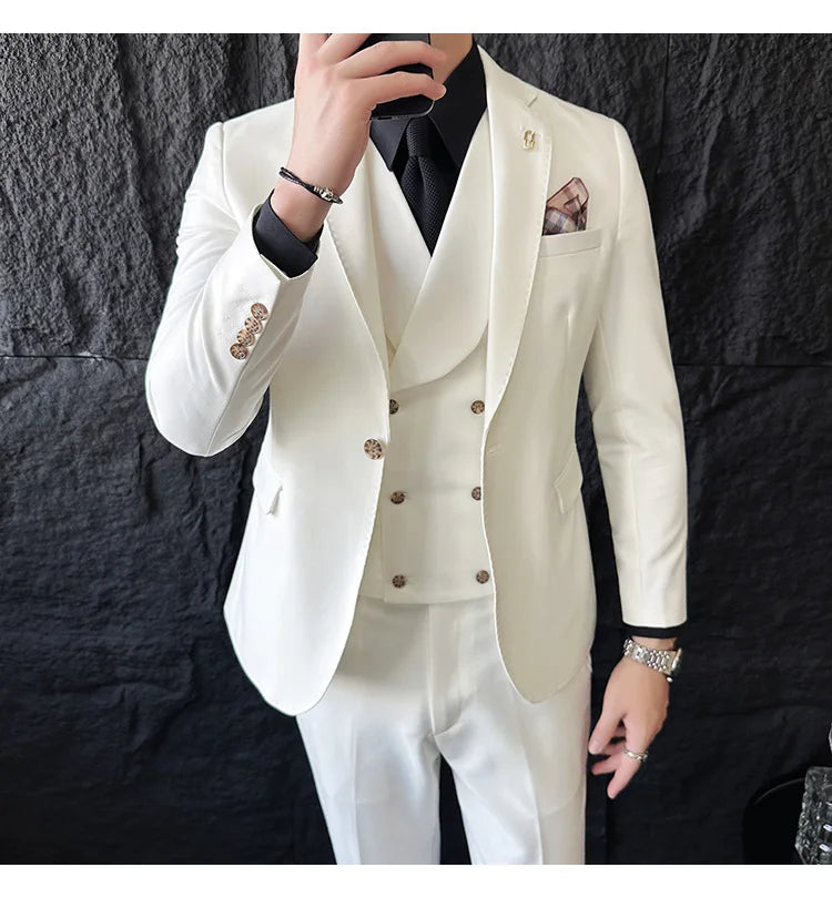 (Jackets+Pants+Vest) High Quality Men Slim Fit Party Tuxedos 3 Pieces Fashion Double Breasted Vest Design Business Wedding Suit