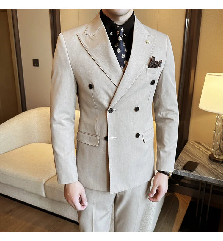 (Jacket + Trousers) Fashion Double Breasted Design Slim Men's Suit Italian Style Luxury Wedding Social Party Tuxedo 2 Piece Sets