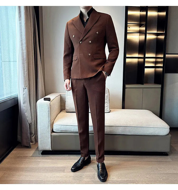 ( Jacket + Pant )Double-breasted Waffle Business Suit Men Wedding Prom Party Blazers and Trouser Homme Slim Fit Tuxedo Dress Set