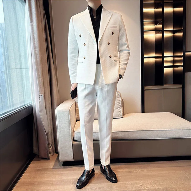 ( Jacket + Pant )Double-breasted Waffle Business Suit Men Wedding Prom Party Blazers and Trouser Homme Slim Fit Tuxedo Dress Set