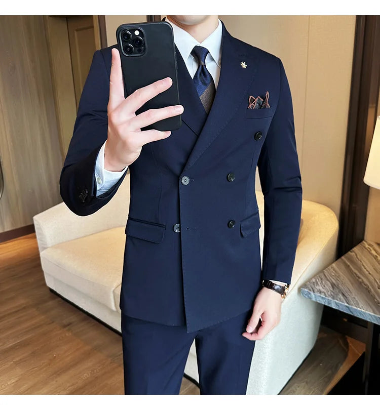 (Jacket + Trousers) Fashion Double Breasted Design Slim Men's Suit Italian Style Luxury Wedding Social Party Tuxedo 2 Piece Sets