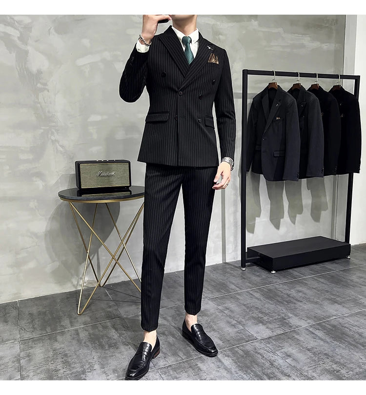 in black Fashion New Men's Boutique Business Slim Wedding Striped Double Breasted Suit Blazers Jacket Pants Trousers Vest 3 Pcs Set