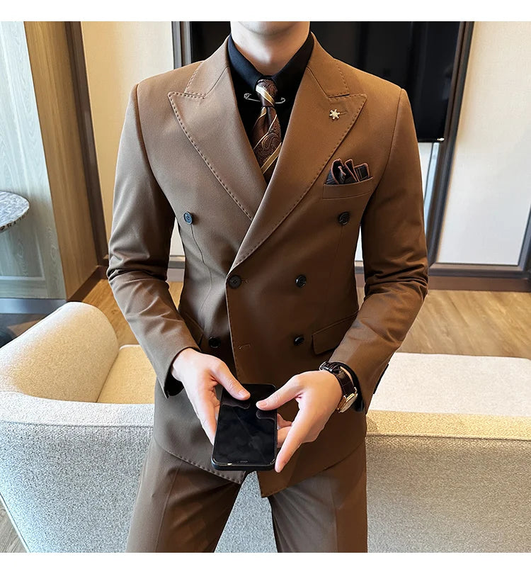 (Jacket + Trousers) Fashion Double Breasted Design Slim Men's Suit Italian Style Luxury Wedding Social Party Tuxedo 2 Piece Sets