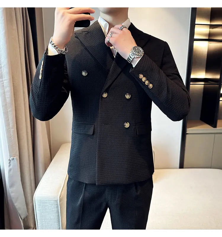 ( Jacket + Pant )Double-breasted Waffle Business Suit Men Wedding Prom Party Blazers and Trouser Homme Slim Fit Tuxedo Dress Set