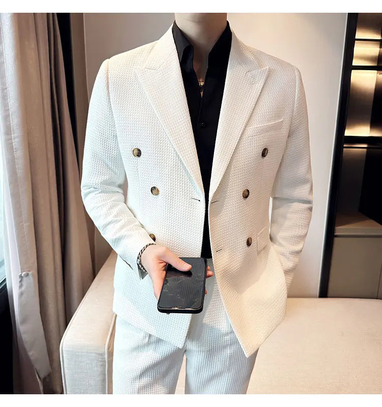 ( Jacket + Pant )Double-breasted Waffle Business Suit Men Wedding Prom Party Blazers and Trouser Homme Slim Fit Tuxedo Dress Set