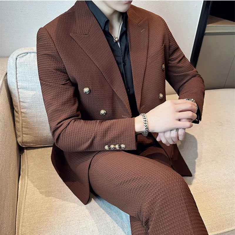 ( Jacket + Pant )Double-breasted Waffle Business Suit Men Wedding Prom Party Blazers and Trouser Homme Slim Fit Tuxedo Dress Set