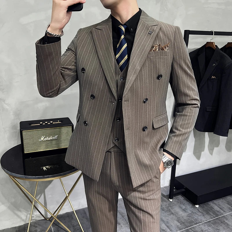 in black Fashion New Men's Boutique Business Slim Wedding Striped Double Breasted Suit Blazers Jacket Pants Trousers Vest 3 Pcs Set