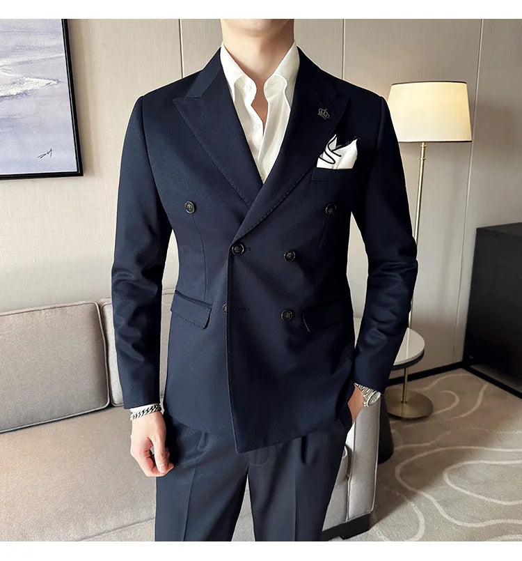 (Jackets+Pant) Latest Design Double Breasted Men Suit Dark green Groom Wedding Stage Tuxedo Man Slim Fit Business Social Suits