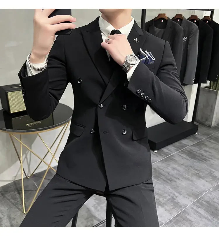 ( Jacket + Pants ) Brand Solid Color Formal Casual Business Office Double Buttons Suit Two-pcs Set Groom Wedding Dress Party