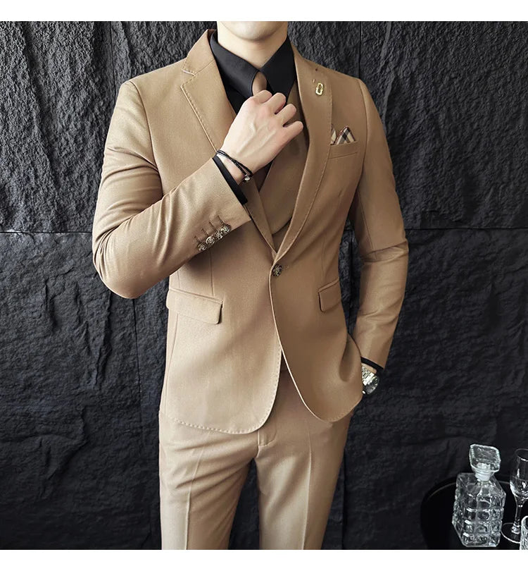 (Jackets+Pants+Vest) High Quality Men Slim Fit Party Tuxedos 3 Pieces Fashion Double Breasted Vest Design Business Wedding Suit