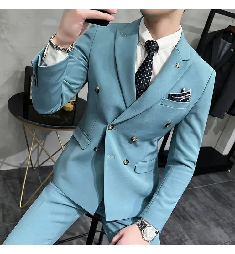 ( Jacket + Pants ) Brand Solid Color Formal Casual Business Office Double Buttons Suit Two-pcs Set Groom Wedding Dress Party