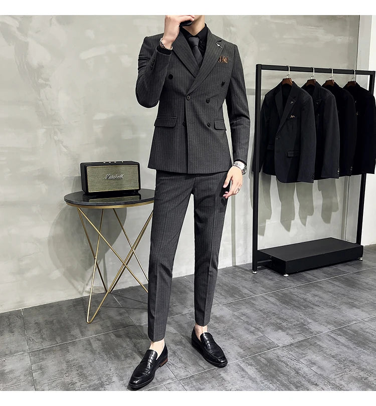 in black Fashion New Men's Boutique Business Slim Wedding Striped Double Breasted Suit Blazers Jacket Pants Trousers Vest 3 Pcs Set