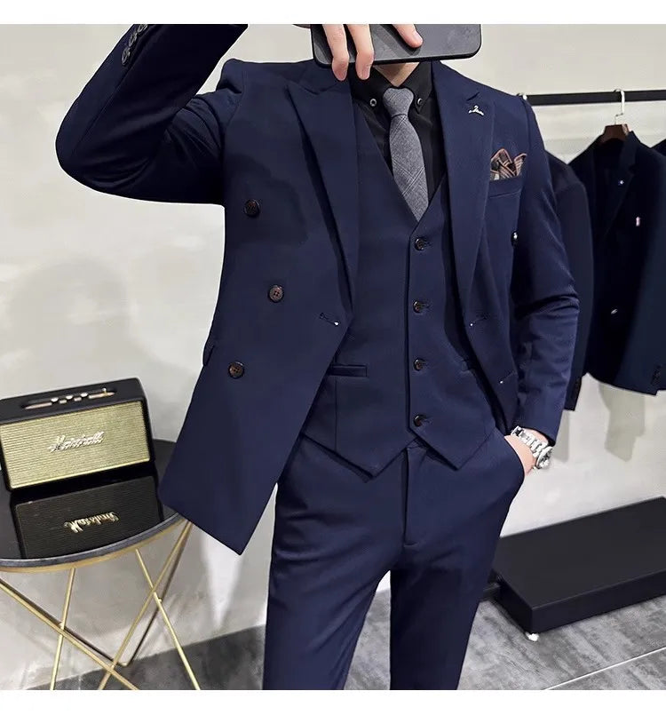 in black Fashion New Men's Boutique Business Slim Wedding Striped Double Breasted Suit Blazers Jacket Pants Trousers Vest 3 Pcs Set