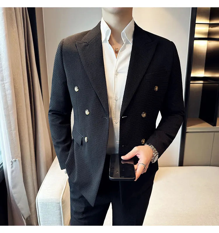 ( Jacket + Pant )Double-breasted Waffle Business Suit Men Wedding Prom Party Blazers and Trouser Homme Slim Fit Tuxedo Dress Set