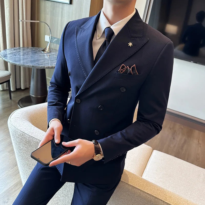 (Jacket + Trousers) Fashion Double Breasted Design Slim Men's Suit Italian Style Luxury Wedding Social Party Tuxedo 2 Piece Sets