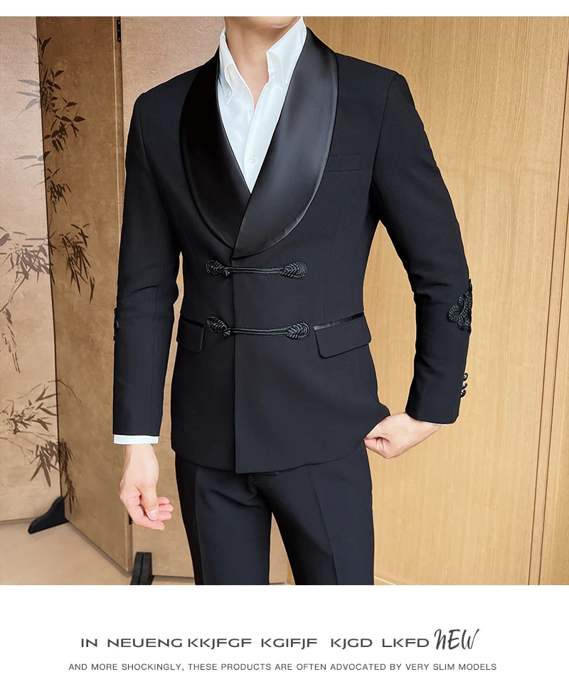 (Jacket+Pants) Vintage Luxury Chinese Style Marriage Suit Fashion High-end Slim Fit Groom Wedding Tuxedo Mens Suit 2 Piece Set