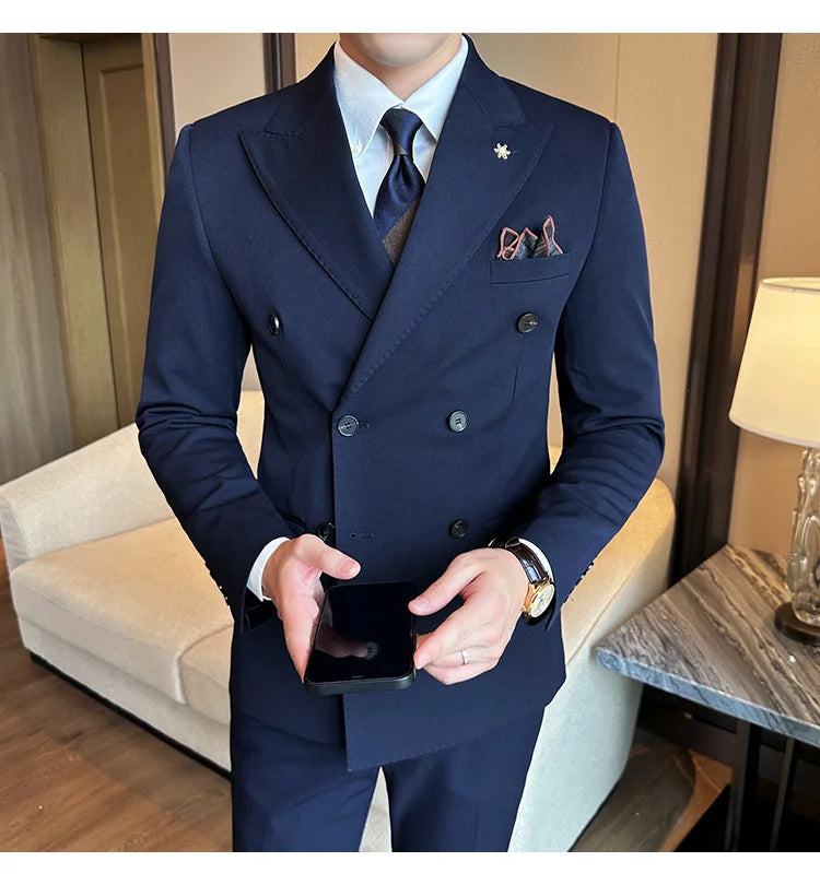 (Jacket + Trousers) Fashion Double Breasted Design Slim Men's Suit Italian Style Luxury Wedding Social Party Tuxedo 2 Piece Sets