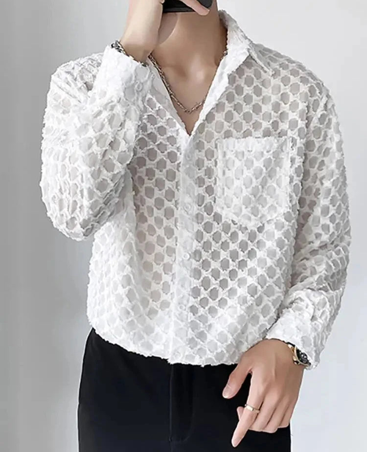 Handsome Well Fitting Men Blouse Vacation Hollow Out Stitching Male Breathable Mesh Long-sleeved Shirts S-5XL