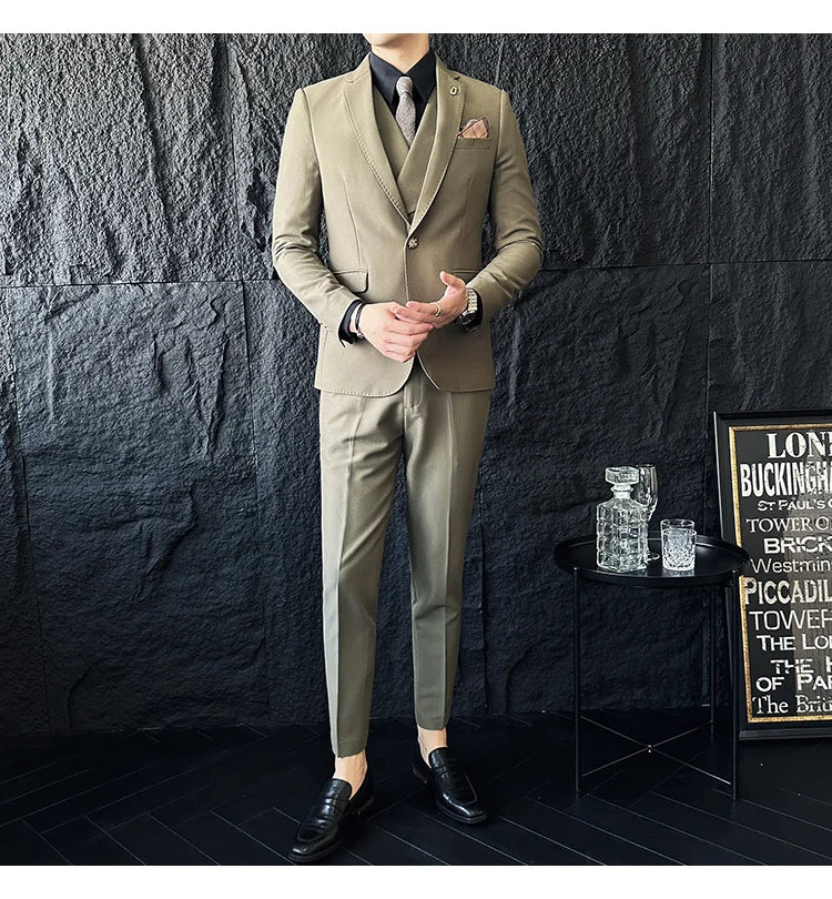 (Jackets+Pants+Vest) High Quality Men Slim Fit Party Tuxedos 3 Pieces Fashion Double Breasted Vest Design Business Wedding Suit