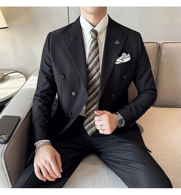 (Jackets+Pant) Latest Design Double Breasted Men Suit Dark green Groom Wedding Stage Tuxedo Man Slim Fit Business Social Suits