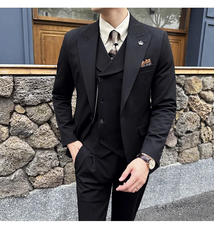 (Jackets+Pants+Vest) High Quality Men Slim Fit Party Tuxedos 3 Pieces Fashion Double Breasted Vest Design Wedding Social Suit