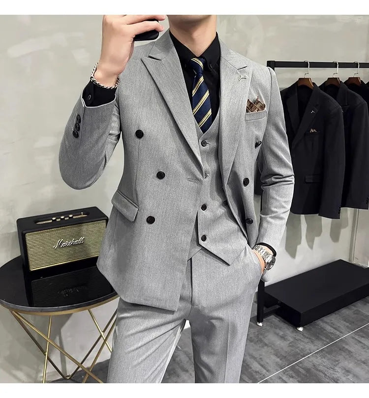 in black Fashion New Men's Boutique Business Slim Wedding Striped Double Breasted Suit Blazers Jacket Pants Trousers Vest 3 Pcs Set