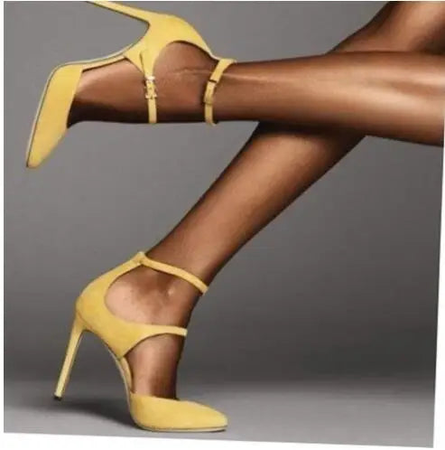 Yellow Pink Black Double Buckle Straps Suede Pumps Hollow Pointy Toe Shallow Thin High Heel Dress Runway Lady High Heels