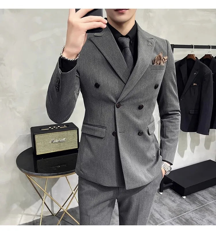 in black Fashion New Men's Boutique Business Slim Wedding Striped Double Breasted Suit Blazers Jacket Pants Trousers Vest 3 Pcs Set