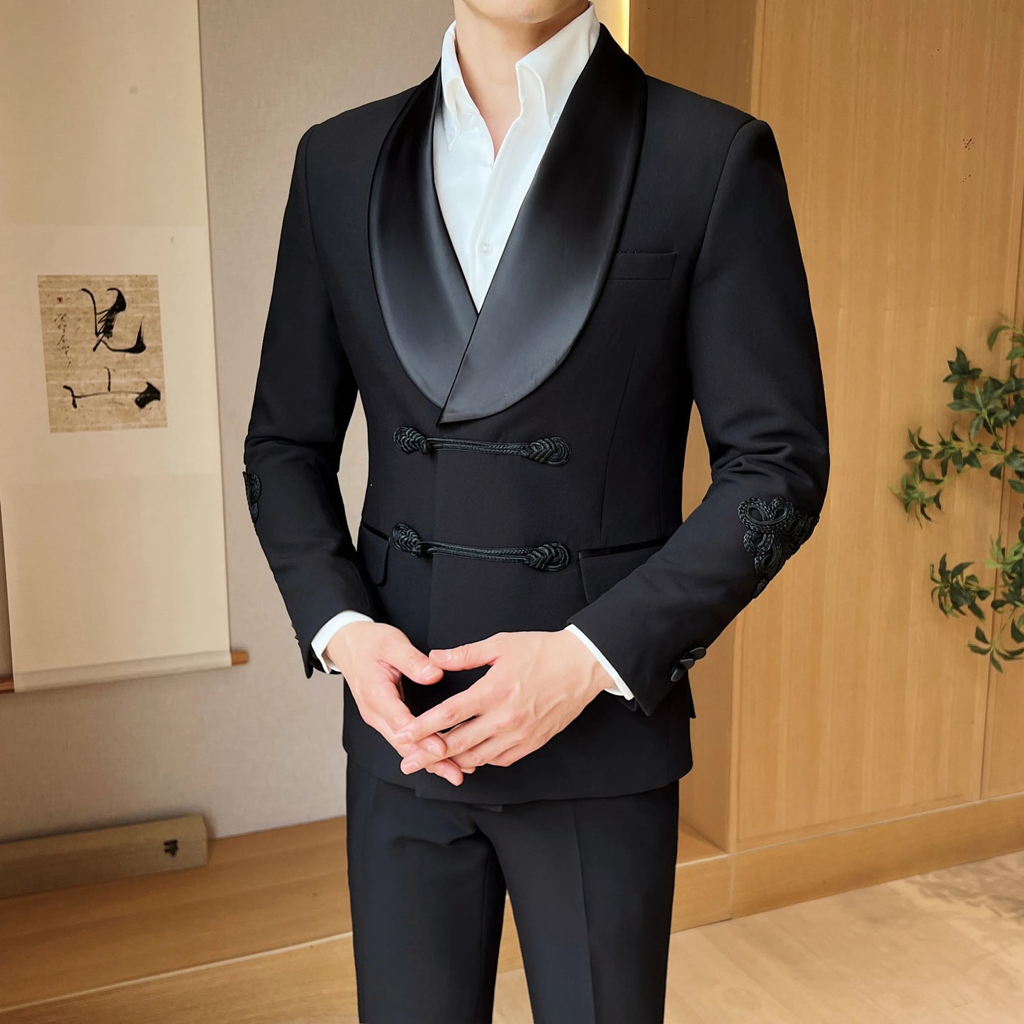 (Jacket+Pants) Vintage Luxury Chinese Style Marriage Suit Fashion High-end Slim Fit Groom Wedding Tuxedo Mens Suit 2 Piece Set