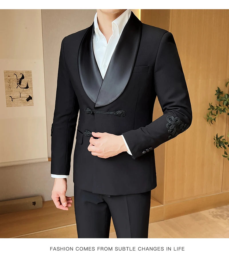 (Jacket+Pants) Vintage Luxury Chinese Style Marriage Suit Fashion High-end Slim Fit Groom Wedding Tuxedo Mens Suit 2 Piece Set