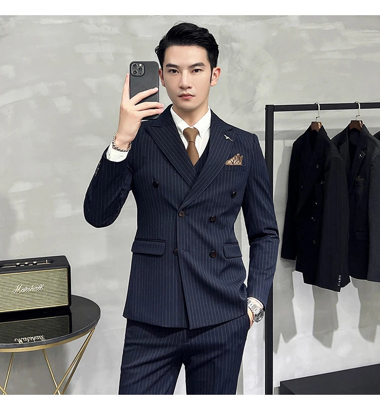 in black Fashion New Men's Boutique Business Slim Wedding Striped Double Breasted Suit Blazers Jacket Pants Trousers Vest 3 Pcs Set